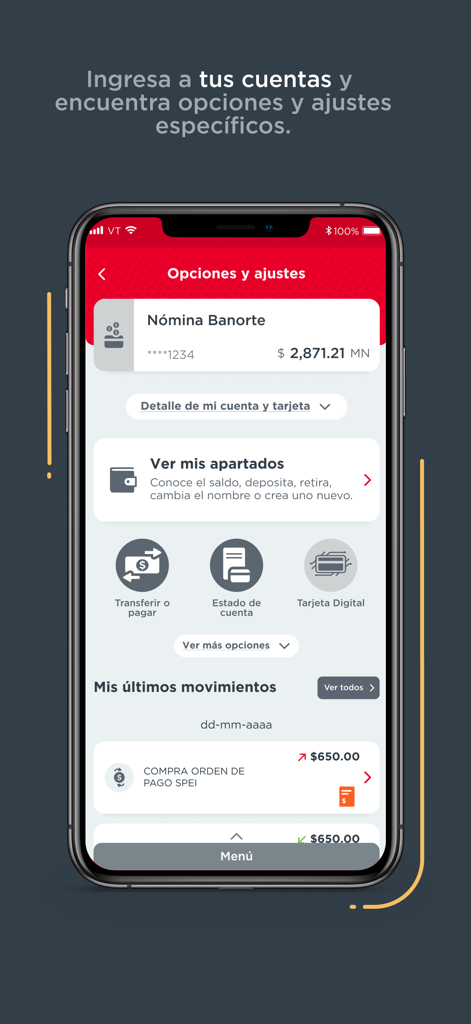 Pantalla de la aplicación móvil Banorte Móvil que muestra el saldo de una cuenta bancaria mexicana y opciones para transferencias y tarjetas digitales