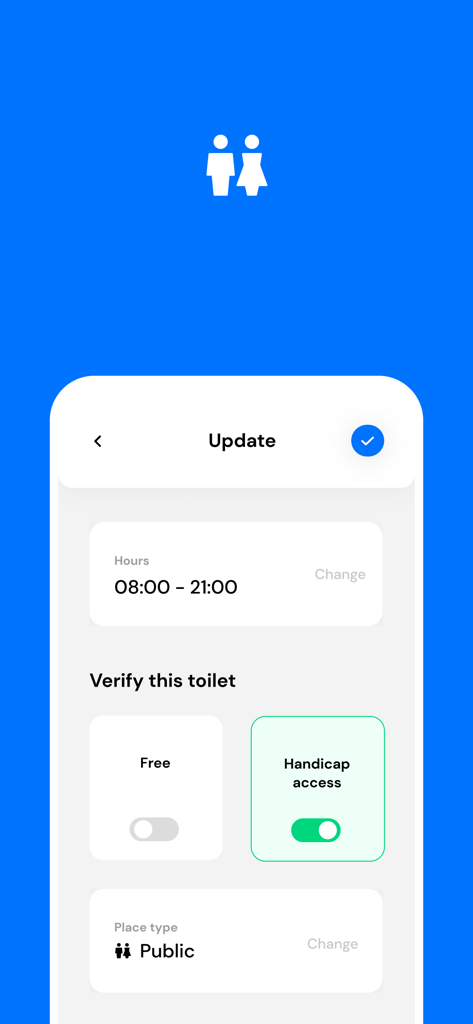 Toilet Finder - Bildschirm der Toilettensuche-App mit Optionen zur Aktualisierung der Toilettenöffnungszeiten und zur Überprüfung der Behindertengerechtigkeit