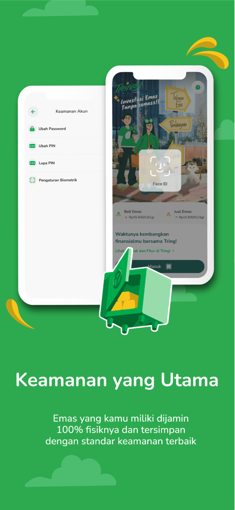 Interface de l'application mobile affichant les paramètres de sécurité du compte et la connexion biométrique Face ID pour Tring by Pegadaian