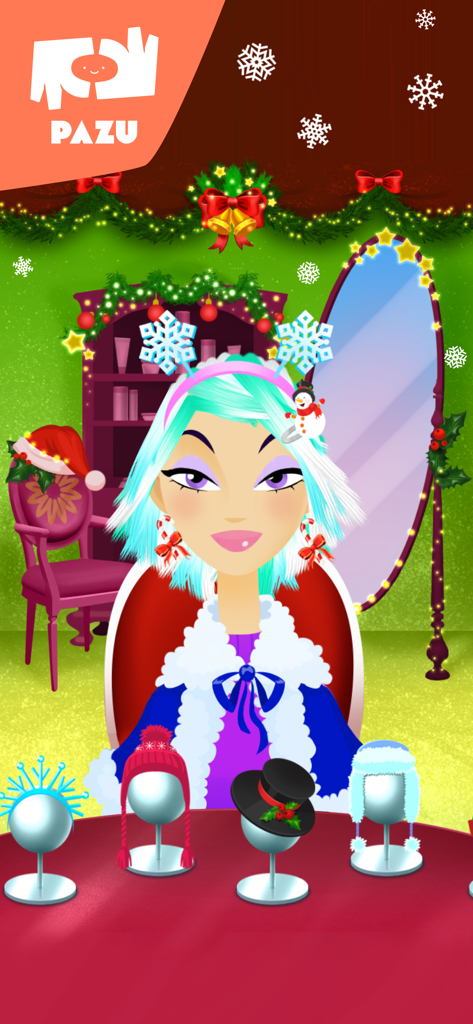A character with blue hair wearing a snowflake headband in a festive Christmas hair salon room with various holiday hats