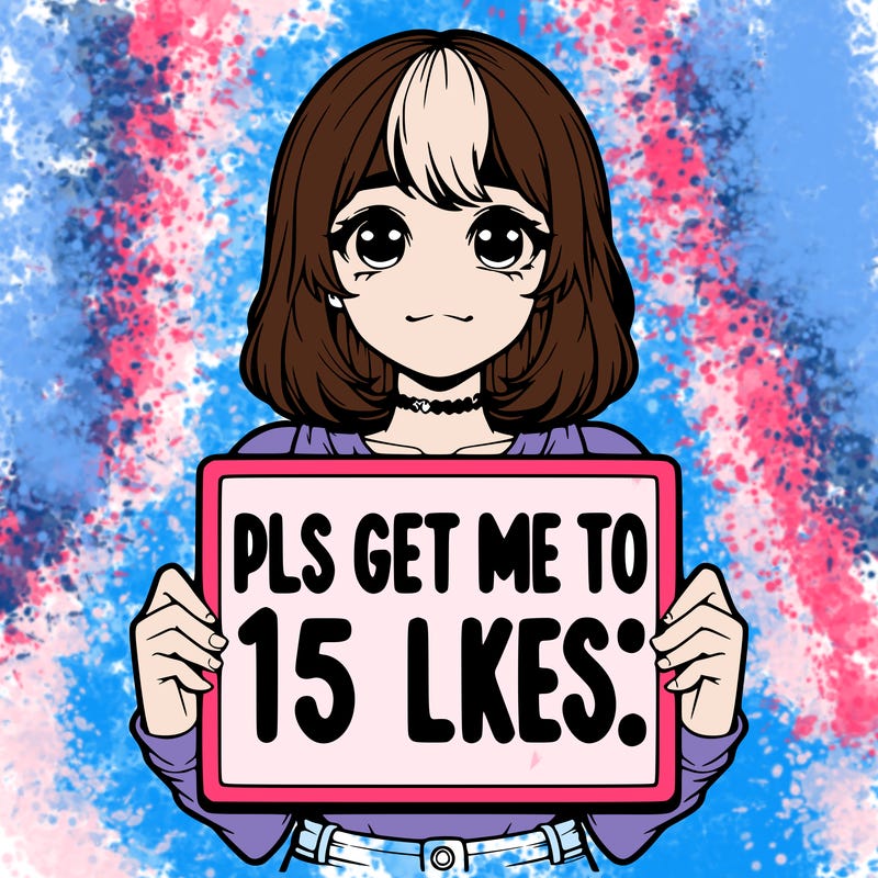 realistic girl holding up a sign that says “pls get me to 15 likes!”