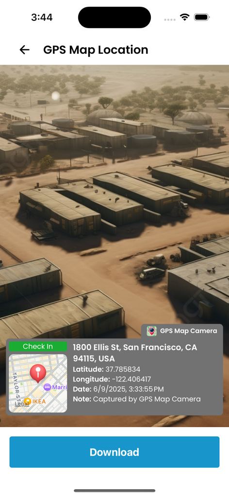 Interface of the GPS Map Camera app showing a photo with a location stamp including address, coordinates, and timestamp.