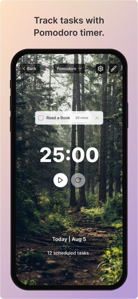 ByDesign: ToDo List & Calendar - Interfaz de la aplicación ByDesign que muestra un temporizador Pomodoro para rastrear tareas con un fondo de bosque