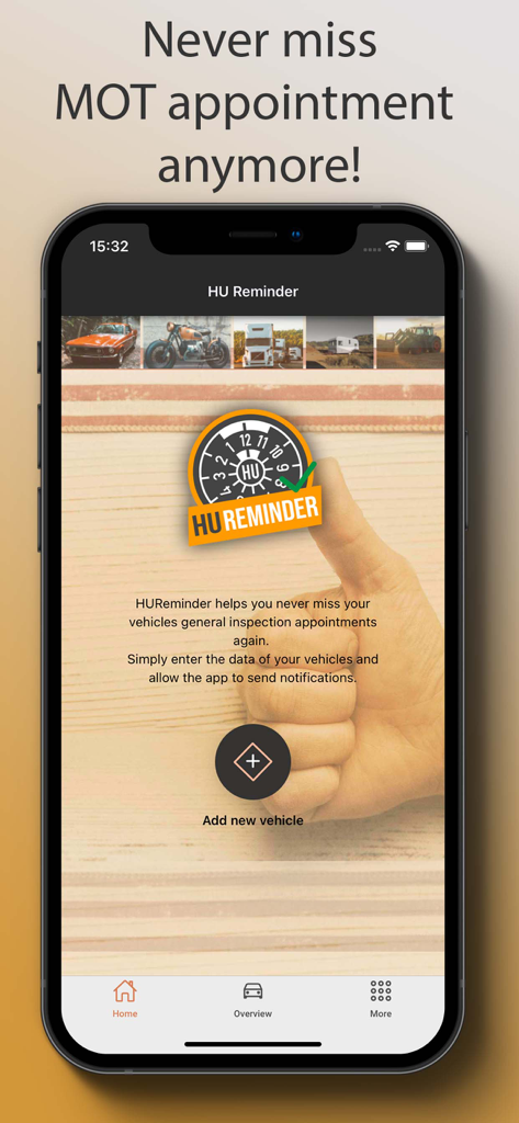 Home screen of the HU Reminder app for vehicle inspection appointments