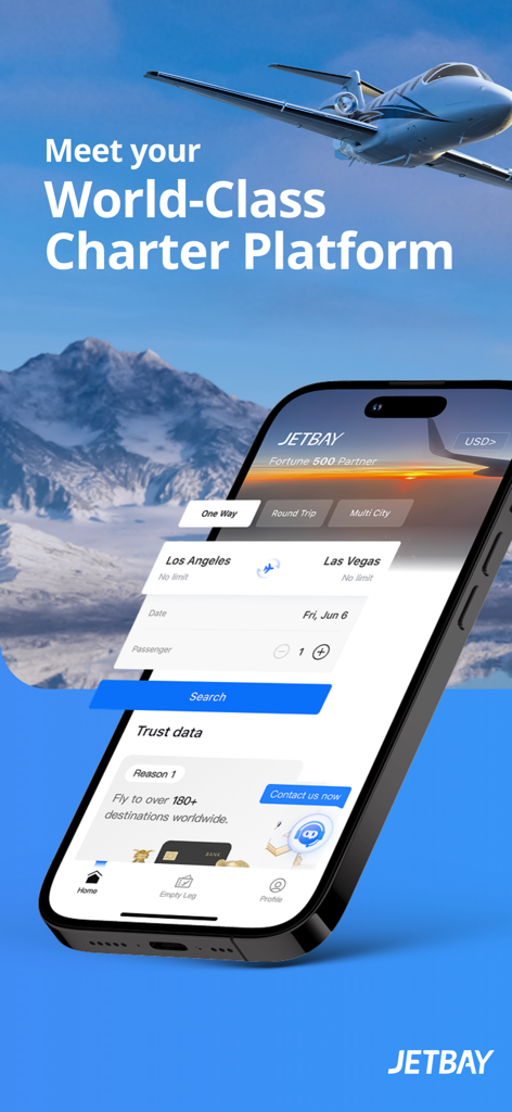 Smartphone displaying the JETBAY private jet booking interface with a luxury jet flying over snowy mountains in the background.
