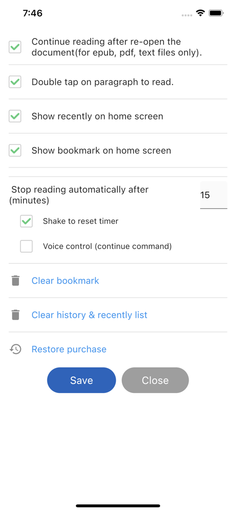 AI Read Aloud Text To Speech - Settings screen of AI Read Aloud app featuring text to speech reading preferences and sleep timer