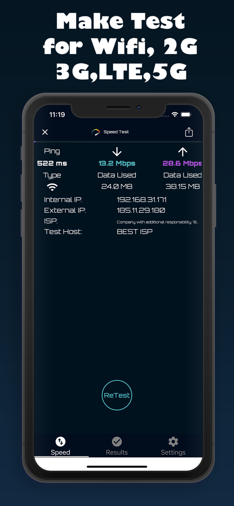 SpeedTest• - SpeedTest-App-Oberfläche, die Ping-, Download- und Upload-Metriken in einem iPhone anzeigt