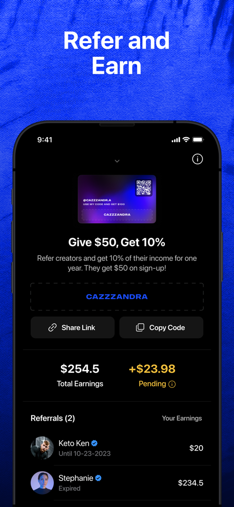 Luvi - Luvi app Refer and Earn screen showing referral statistics and creator links