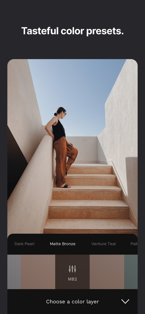 Lens Distortions app showing cinematic color presets on a photo of a woman on stairs