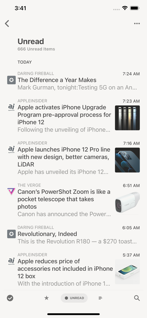 Minimalist list of unread tech news articles from RSS feeds in the Reeder Classic app interface.