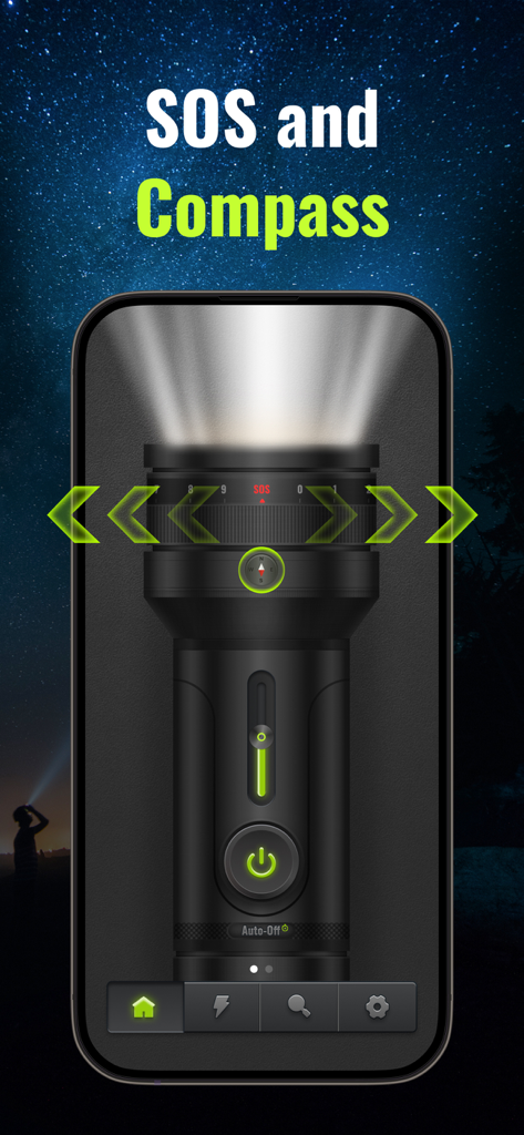 Flashlight App-Oberfläche auf einem Smartphone, die den SOS-Modus und den integrierten Kompass hervorhebt