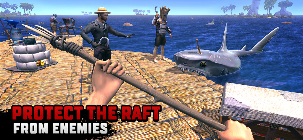 Spieler verteidigen ihr Floß in Raft Survival Multiplayer mit einem Speer gegen einen Haifischangriff