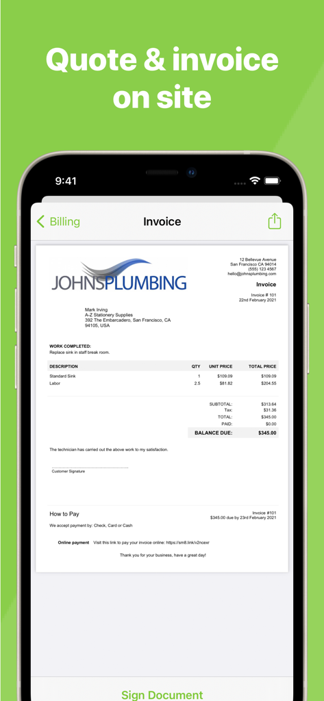 A professional digital invoice for a plumbing business displayed on the ServiceM8 mobile app interface.