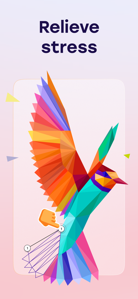 Star Art: Drawing & Relaxing - A colorful low poly origami bird being drawn in the Star Art app with the text Relieve stress