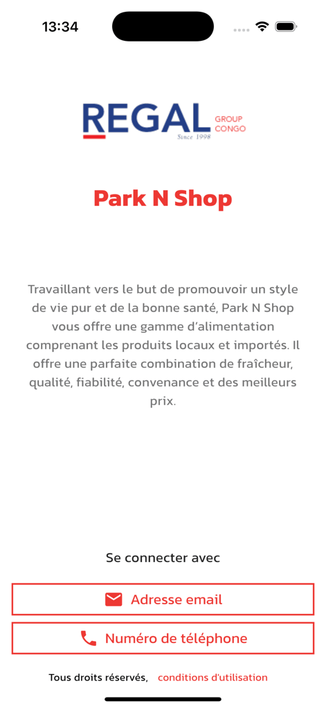 Park N Shopアプリのウェルカム画面、メールまたは電話番号でログインするオプション付き