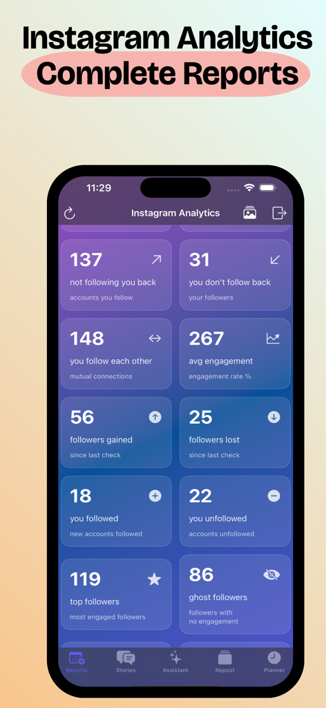 Reports+ Unfollowers Tracker - Dashboard di analytics di Instagram che mostra l'aumento, la perdita di follower e le metriche di engagement nell'app Reports plus.