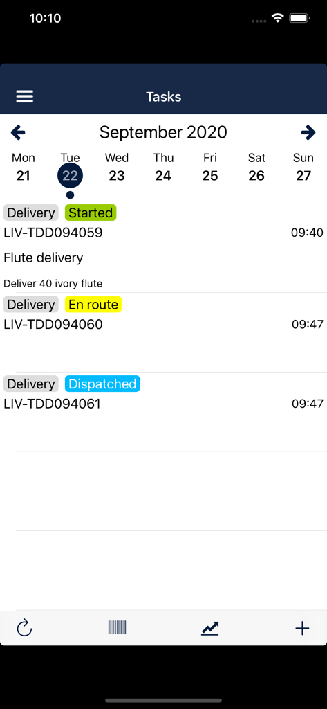 Das Aufgaben-Dashboard der Intelcom Driver App zeigt eine Liste von Lieferaufträgen mit Statusangaben wie gestartet und unterwegs