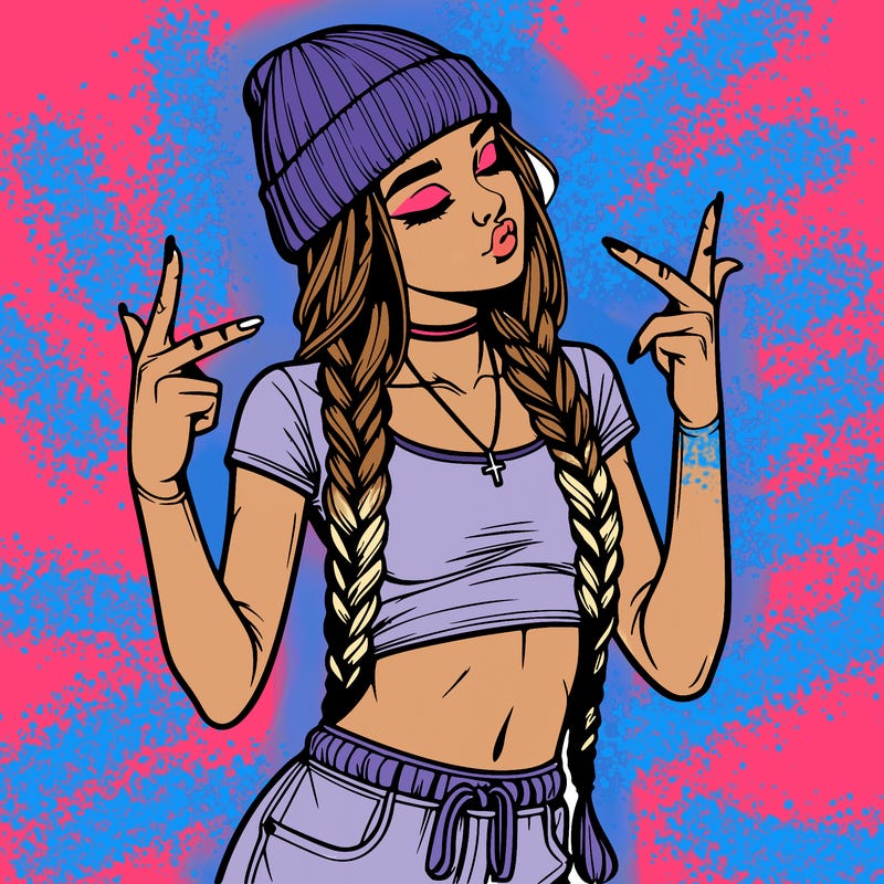 realistic teenage girl with braids and a beanie and crop top doing 🫶🏼