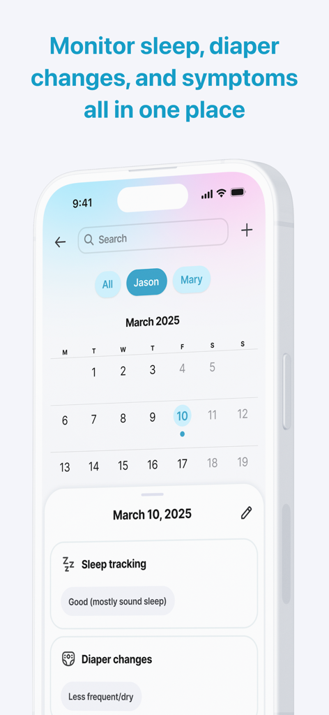 Heal: Family Health - Interfaz de la aplicación Heal que muestra un rastreador de salud familiar con registros de sueño y pañales en un calendario