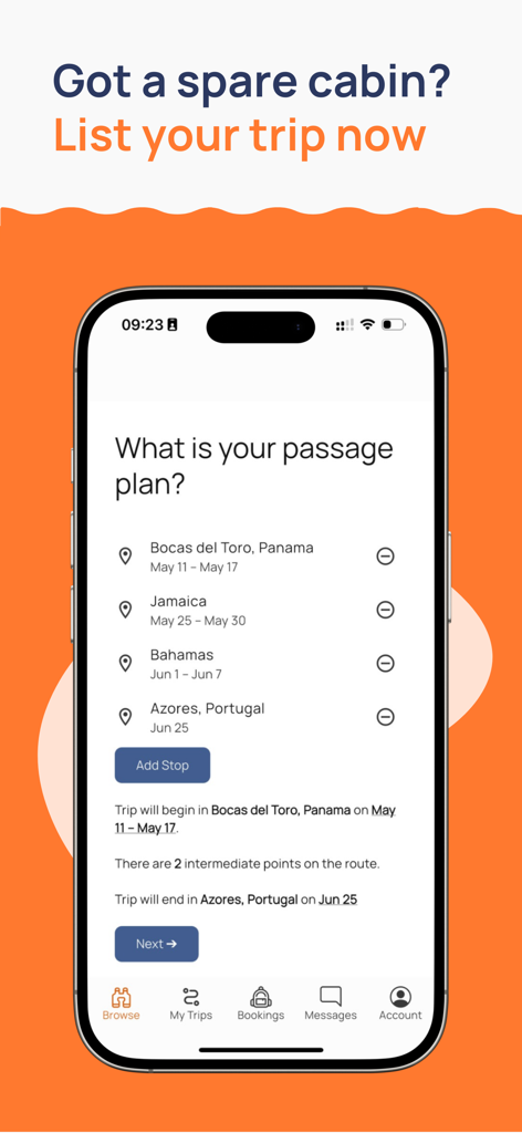Un écran d'application mobile montrant un planificateur d'itinéraire de voile avec des escales au Panama, en Jamaïque, aux Bahamas et au Portugal
