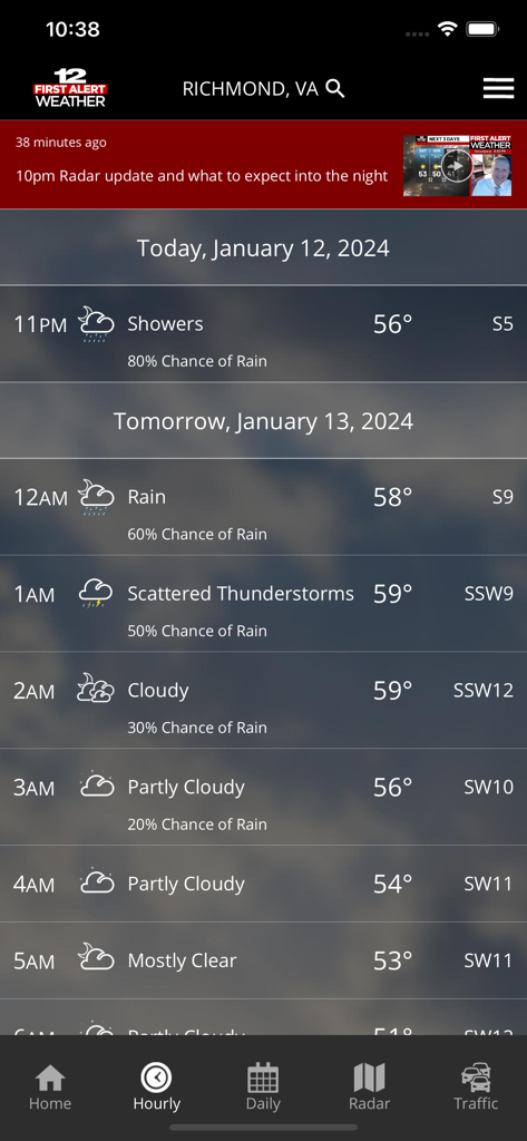 Hourly weather forecast for Richmond VA on the WWBT First Alert Weather mobile app.