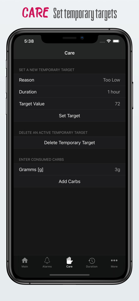 nightguard - Nightguard app interface for setting temporary blood glucose targets and adding carbohydrates