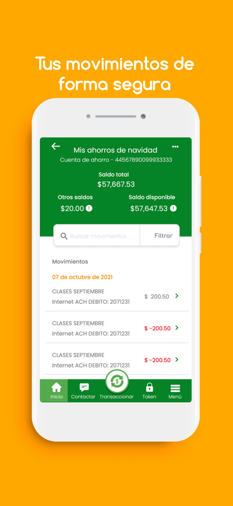Mobile app screen showing savings account balance and a list of financial transactions.