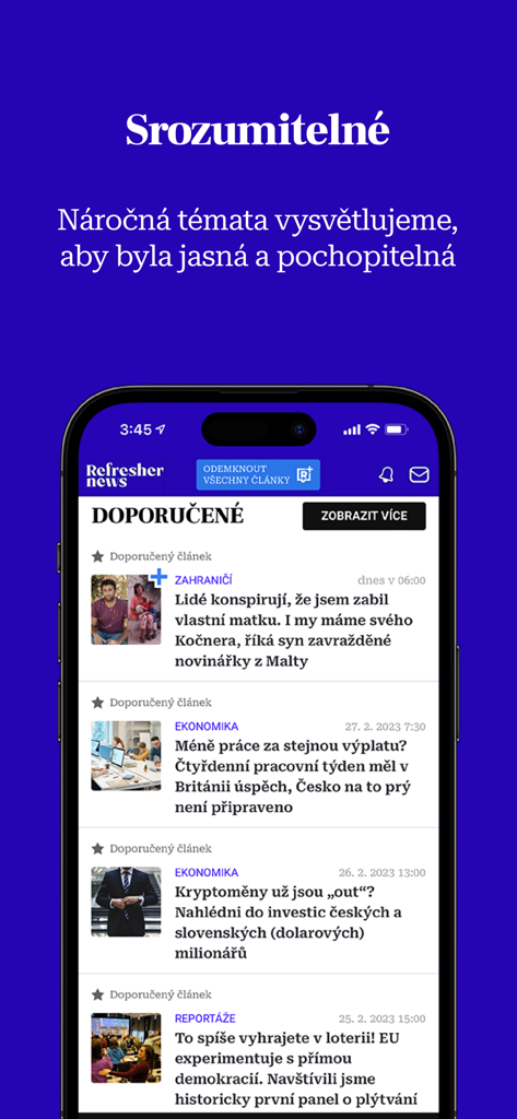 Refresher News Česko 앱 인터페이스, 아이폰에 추천 기사 목록 표시
