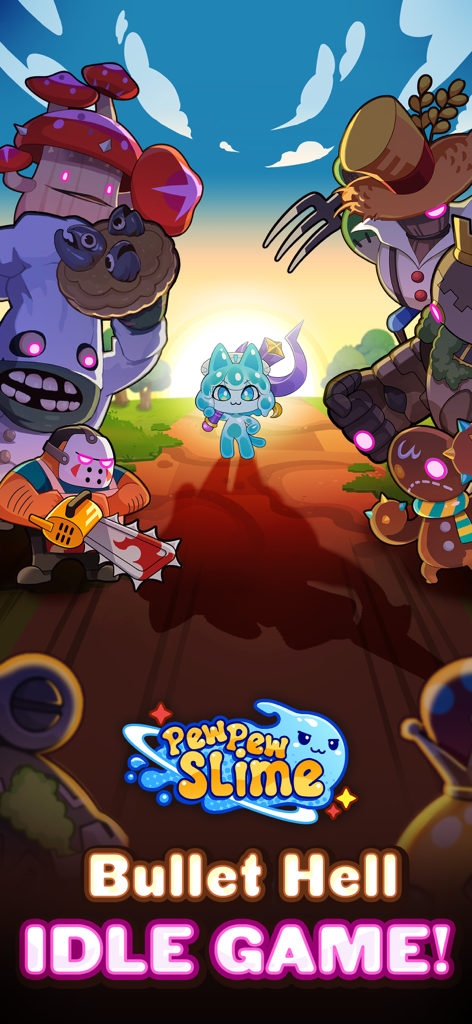 Pew Pew Slime - Idle RPG - Un lindo personaje slime azul enfrentando a un grupo de monstruos de dibujos animados en Pew Pew Slime Idle RPG