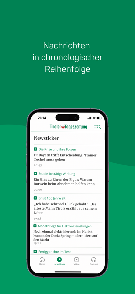 tt.com - The Newsticker screen of the tt.com app showing a chronological feed of news articles on a smartphone.