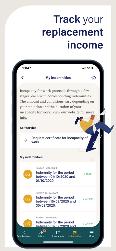 Interface of the My Helan app showing replacement income tracking and indemnity payment history