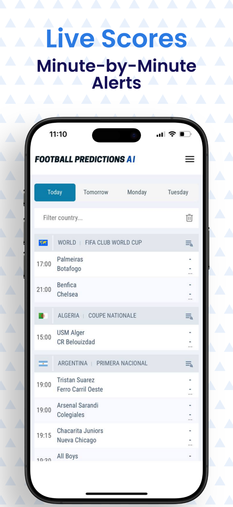 Bildschirm der Football Predictions AI App, der Live-Fußball-Spielstände und Spielpläne anzeigt