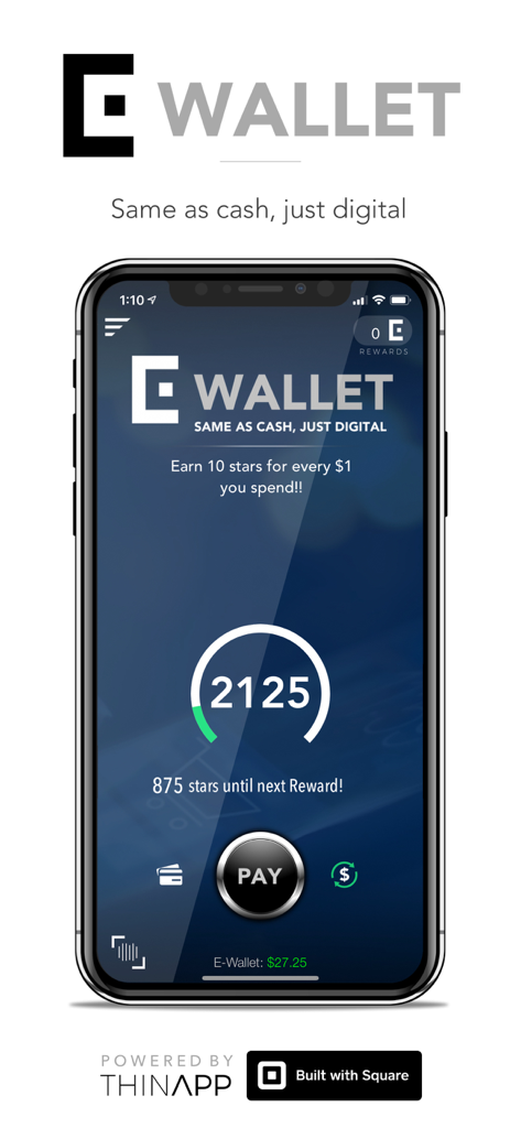 E-Wallet - Digital Cash - Mobile app interface for E-Wallet showing digital cash balance and loyalty rewards progress.