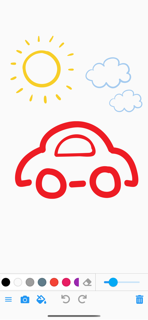 Doodle Board | Doodly - Interface do aplicativo Doodly exibindo um desenho simples de um carro vermelho sob um sol e nuvens