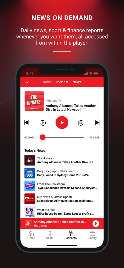 Nova Player: Radio & Podcasts - Smartphone-Bildschirm mit der Nova Player App News On Demand-Oberfläche, die eine Liste australischer Nachrichtenaktualisierungen und einen Podcast-Player anzeigt.