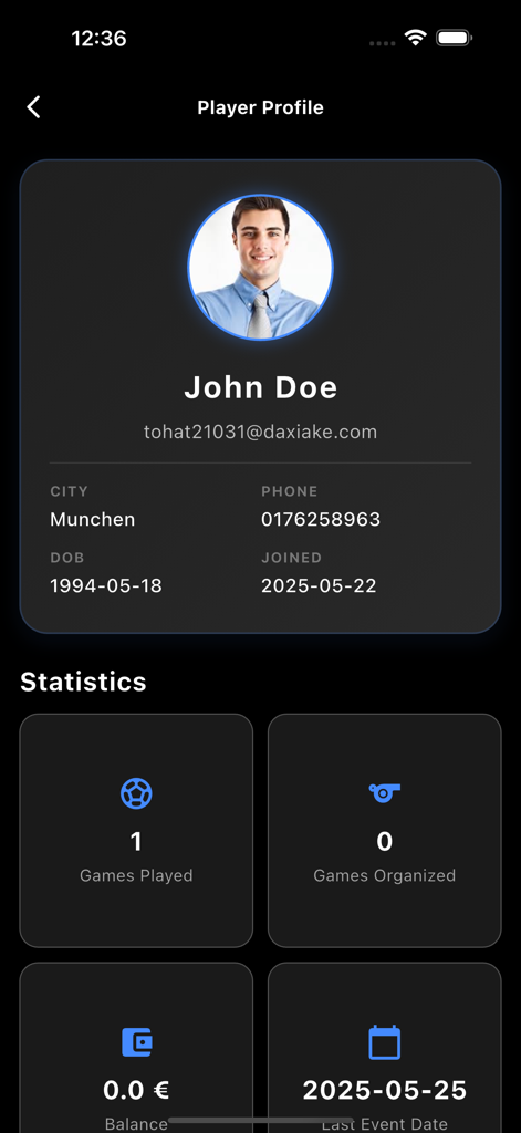 Benutzerprofilbildschirm in der City Football App, der persönliche Details und Spielstatistiken anzeigt.