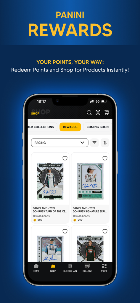 Écran mobile de l'application Panini Direct montrant la section des récompenses pour échanger des points contre des cartes à collectionner de course.
