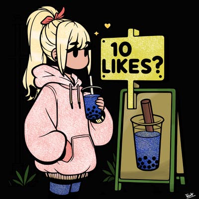 girl with oversized hoodie drinking boba and she has a high ponytail with a sign that says 10likes?