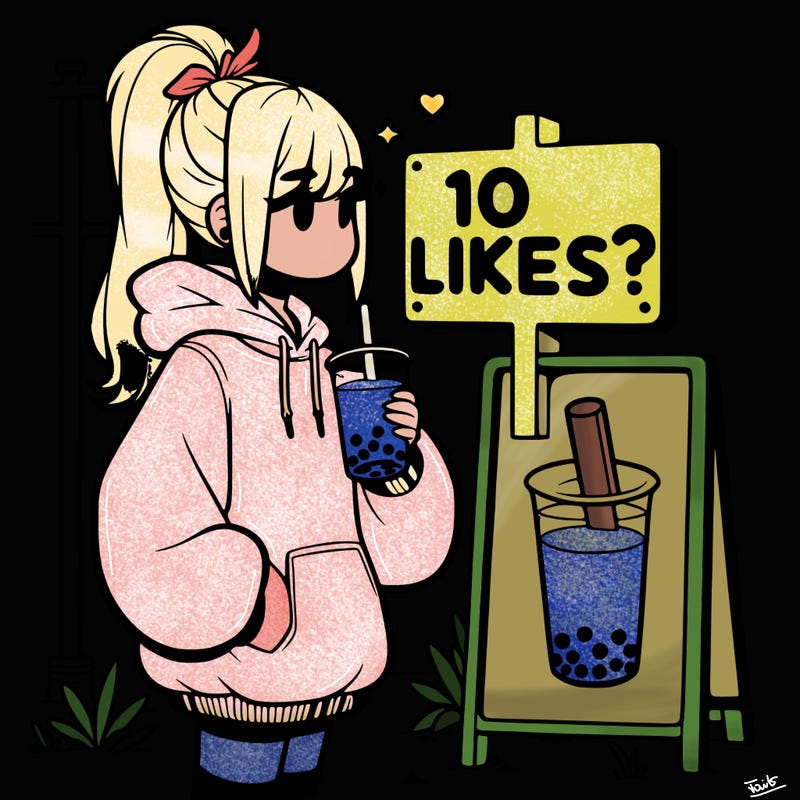 girl with oversized hoodie drinking boba and she has a high ponytail with a sign that says 10likes?