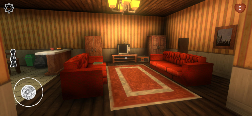 Captura de pantalla del juego que muestra el interior de una casa en el juego de terror Cat Fred Evil Pet