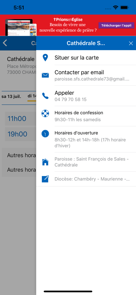 Details menu of a Catholic church showing map location, contact info, confession hours, and opening times.