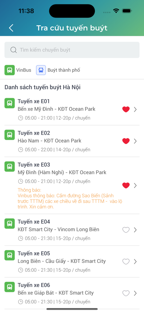 Interface of the VinBus app showing a list of electric bus routes in Hanoi