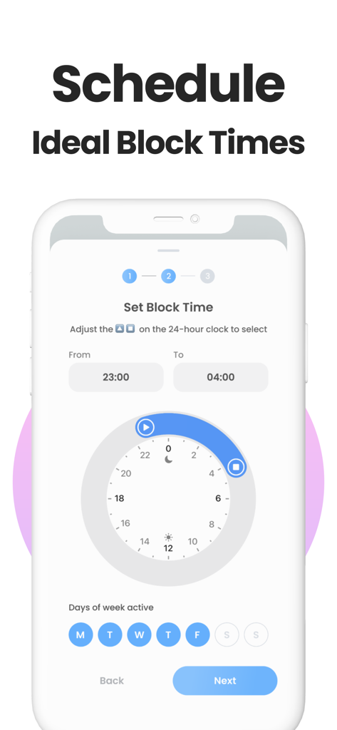 Blockin -Screen Time for Focus - Blockin app interface showing how to schedule specific times to block apps using a 24-hour clock dial and weekday selector