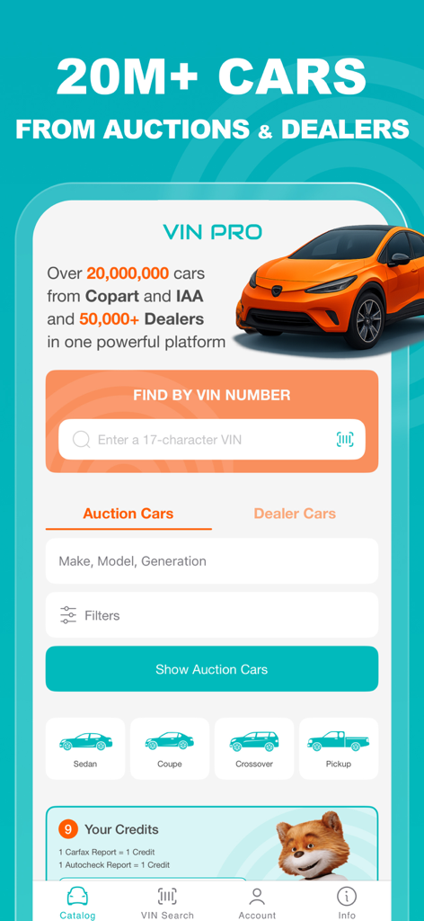 VIN PRO mobile app interface for searching used cars from auctions and dealers with a VIN number scanner
