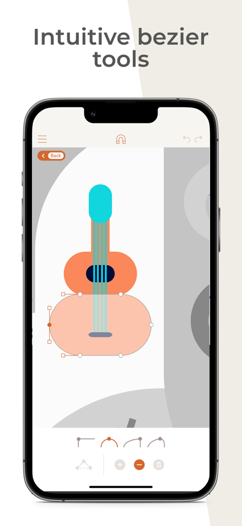 Eine Vektorillustration einer Gitarre, die mit intuitiven Bezier-Kurven-Werkzeugen in der Assembly-App bearbeitet wird.
