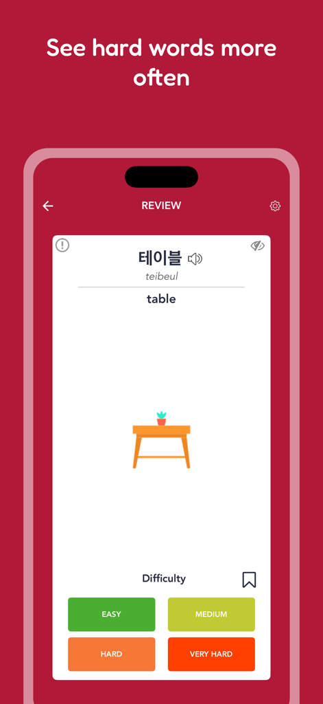 Learn Korean: Vocab & Words - Korean language learning app review screen showing the word for table with easy medium and hard difficulty buttons