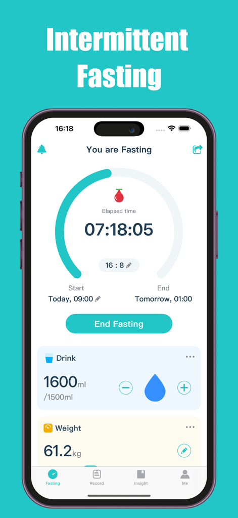 16:8 Intermittent Fasting - Interface of 16 8 Intermittent Fasting app showing a circular fasting timer water tracking and weight monitoring