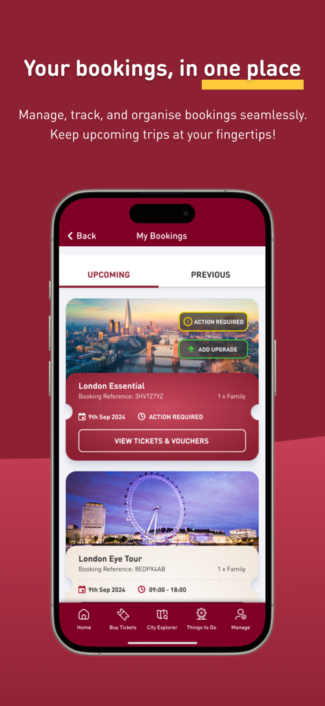 Mobile app interface of Big Bus Tours showing upcoming bookings for London sightseeing tours and the London Eye