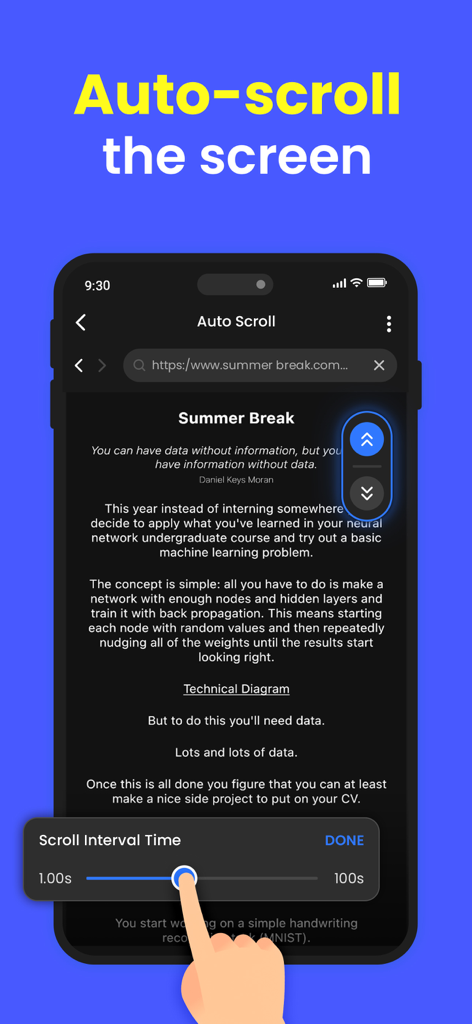 Auto Clicker - Self Clicker - A smartphone interface displaying the auto-scroll feature with an adjustable time interval slider for hands-free reading