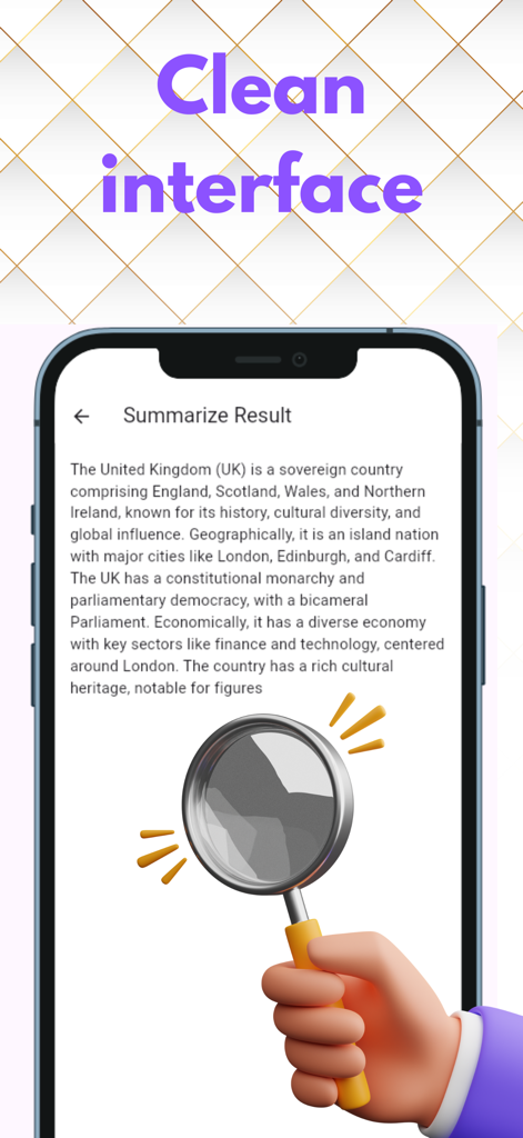 Smartphone screen showing a text summary of the United Kingdom with a clean interface and a 3D magnifying glass illustration.